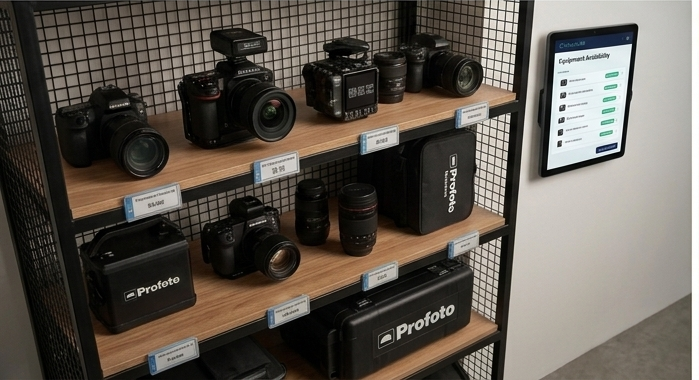 Camera gear on labelled shelves with SchedulrX equipment availability on a wall tablet
