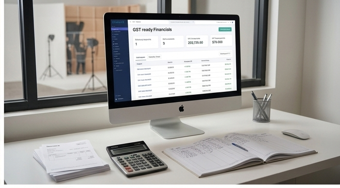 SchedulrX GST-ready financials on a desktop beside calculator and receipts