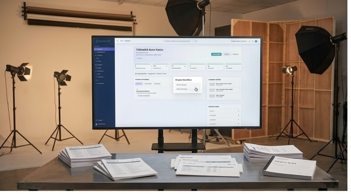 SchedulrX on a studio monitor beside production briefs and lighting gear