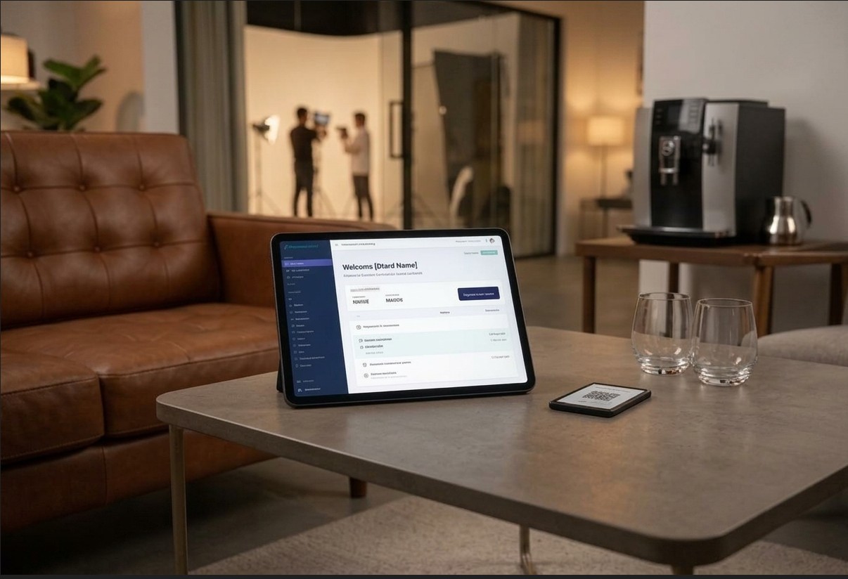 SchedulrX on a tablet in a studio lounge while a crew works in the next room