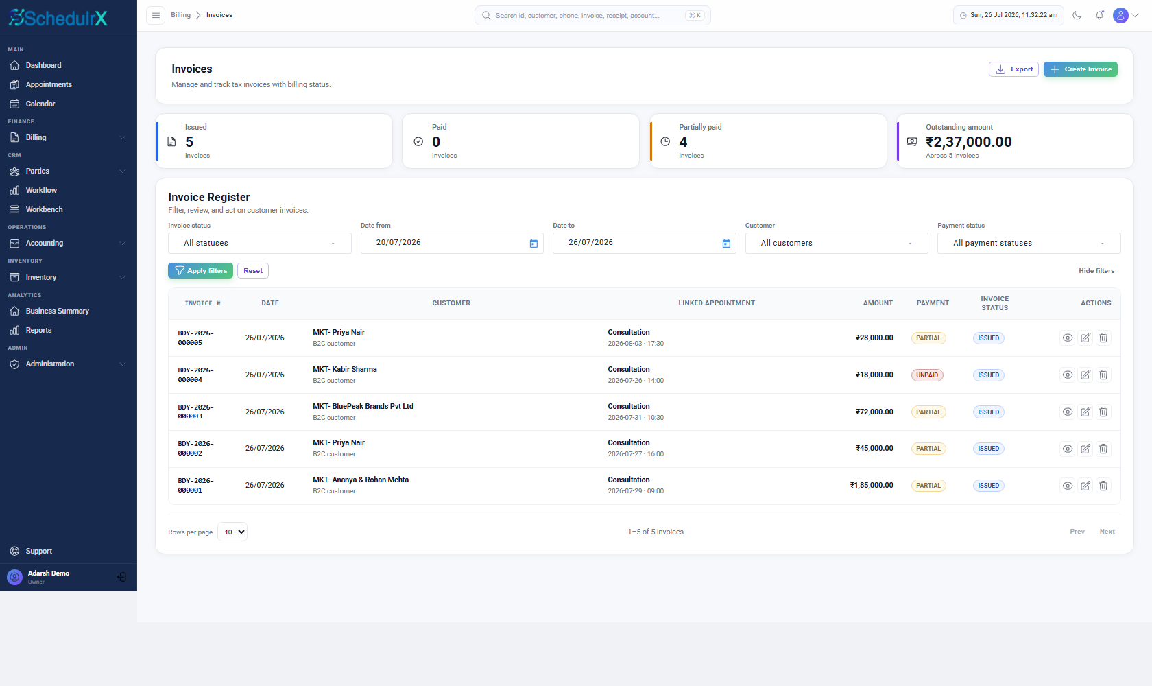Studio tax invoice with deposit and balance