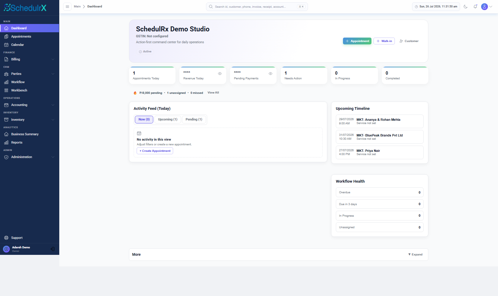 SchedulrX studio production dashboard